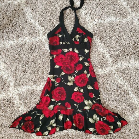 Vintage Perseption Floral Rose Print Halter Dress Made in USA Size Small - Picture 2 of 6